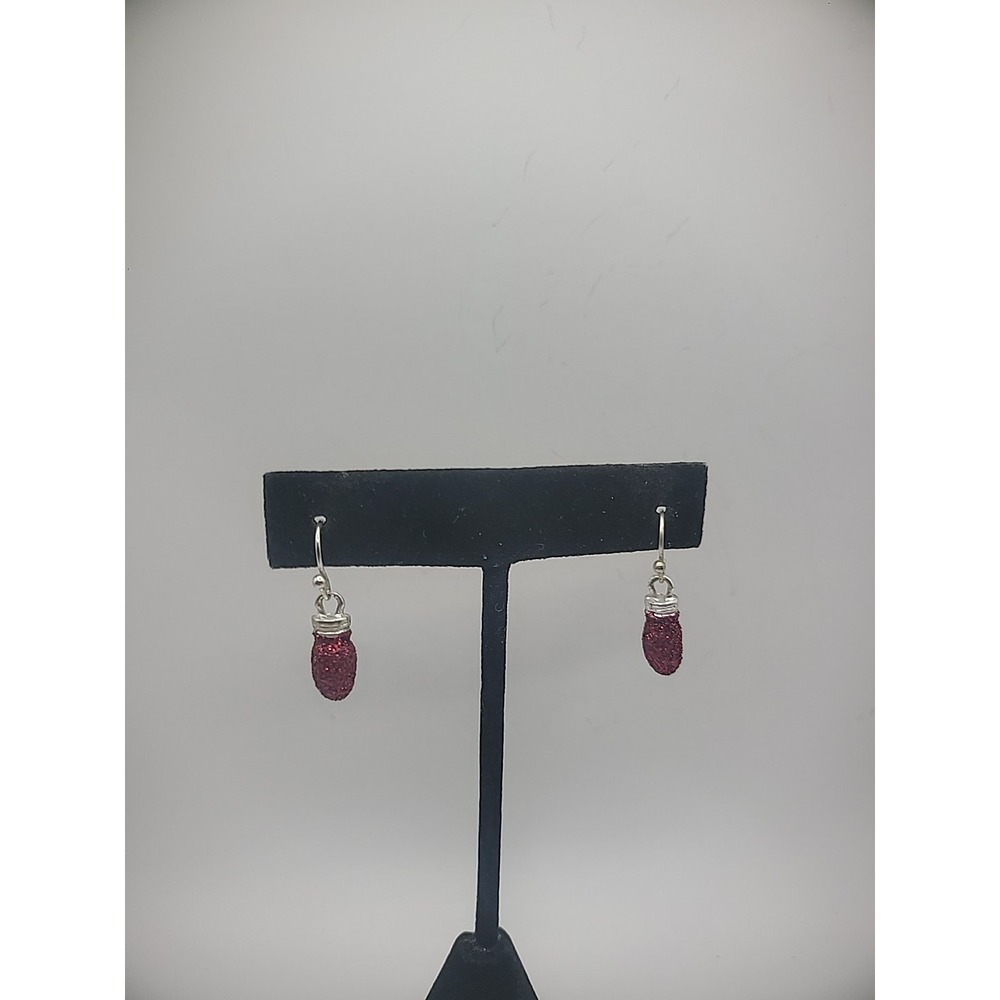 Vintage Earrings Pierced Hook Drop Dangle Red Light Bulb Christmas Silver Tone
